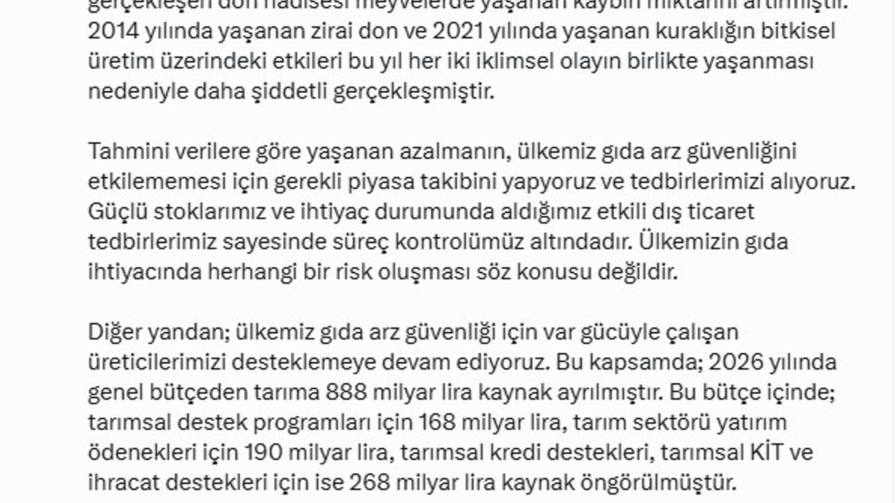 Bakan Yumaklı: Gıda ihtiyacında risk oluşması söz konusu değildir