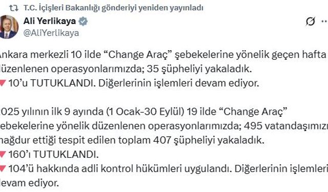Ankara merkezli 10 ilde 'Change araç' operasyonu: 10 tutuklama