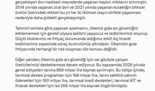 Bakan Yumaklı: Gıda ihtiyacında risk oluşması söz konusu değildir