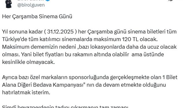 Birol Güven: Her çarşamba sinema biletleri maksimum 120 TL olacak