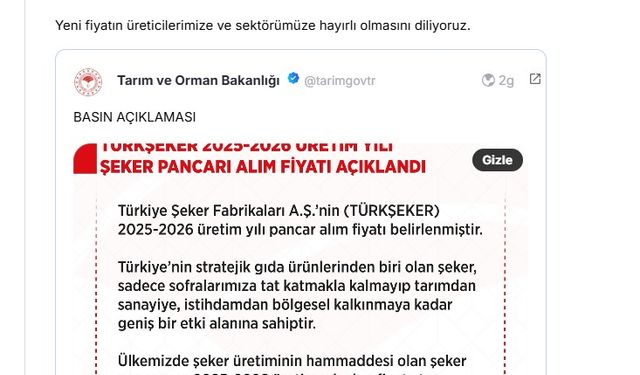 Şeker pancarı alım fiyatı 3 bin 100 TL olarak güncellendi