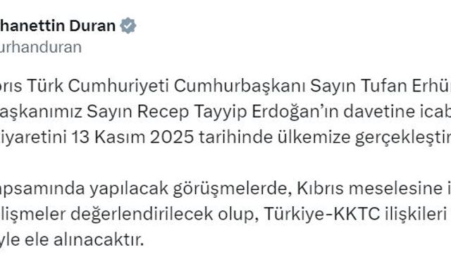 KKTC Cumhurbaşkanı Erhürman, 13 Kasım'da Türkiye'yi ziyaret edecek