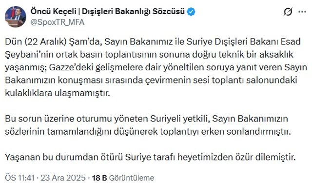 Dışişleri Sözcüsü Keçeli: Şam'daki toplantı teknik aksaklık nedeniyle erken sonlandırıldı