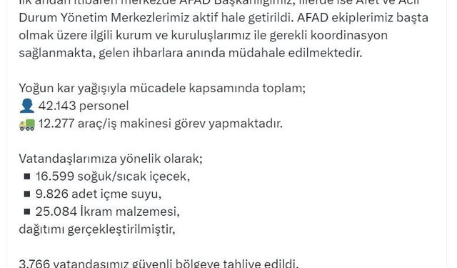 Bakan Yerlikaya: Yoğun kar nedeniyle 3 bin 766 kişi güvenli bölgeye tahliye edildi