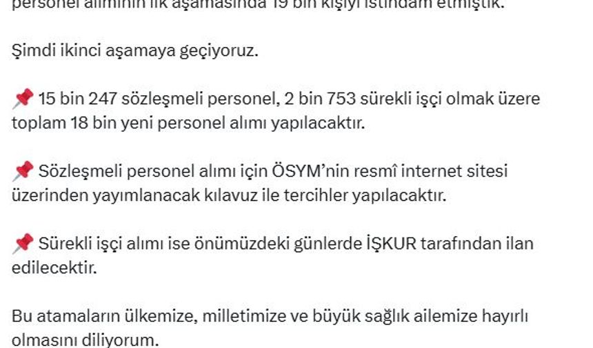 Sağlık Bakanlığı'na 18 bin yeni personel alınacak