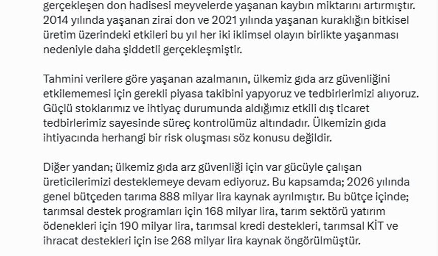 Bakan Yumaklı: Gıda ihtiyacında risk oluşması söz konusu değildir