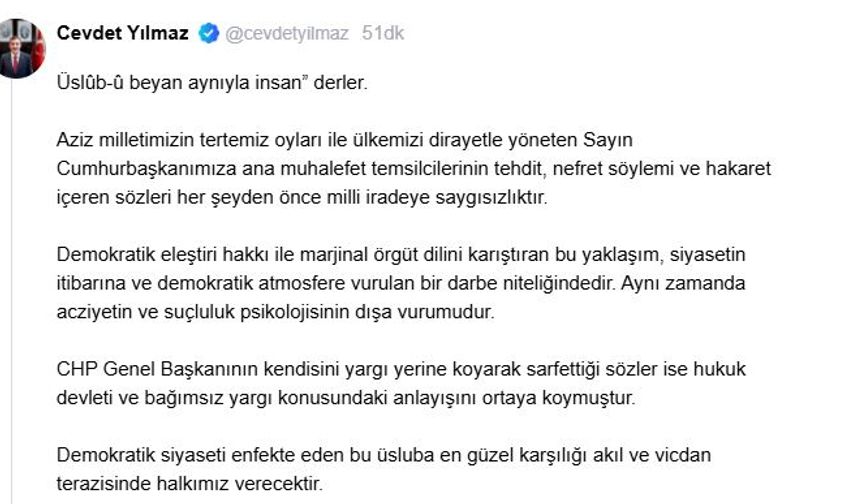 Cevdet Yılmaz: Ana muhalefet temsilcilerinin hakaret içeren sözleri milli iradeye saygısızlıktır