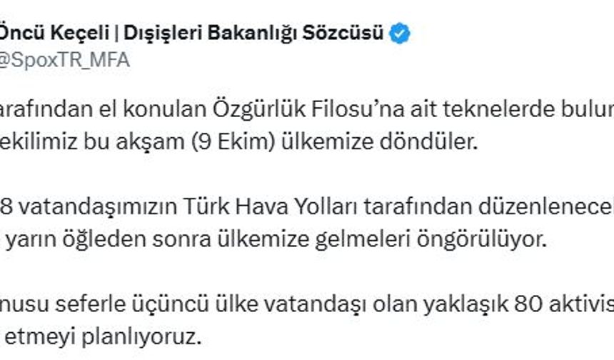 Dışişleri Sözcüsü Keçeli: 18 vatandaşımızın yarın öğleden sonra ülkemize dönmesi öngörülmektedir