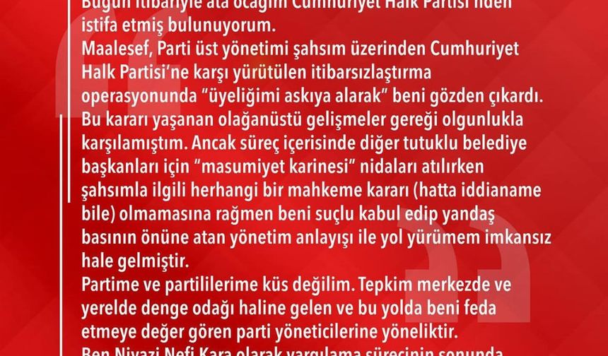 Geçici olarak görevden uzaklaştırılan tutuklu Manavgat Belediye Başkanı Kara, CHP'den istifa etti