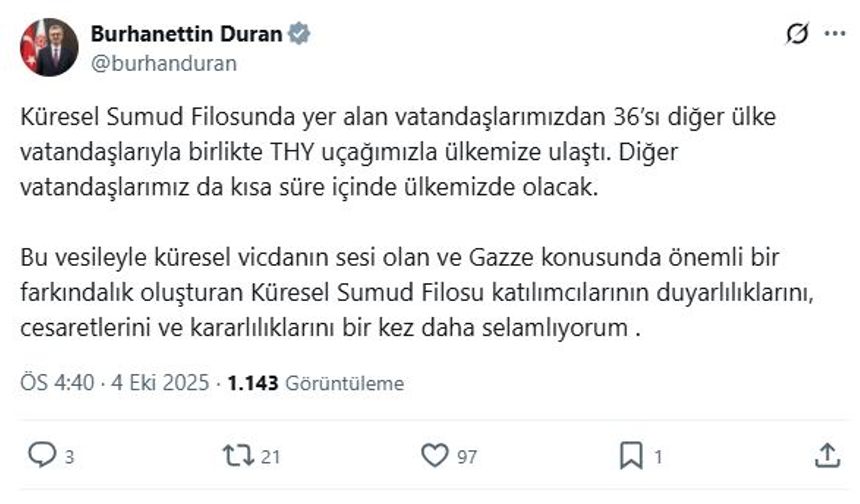 İletişim Başkanı Duran: Sumud Filosu katılımcılarını selamlıyorum