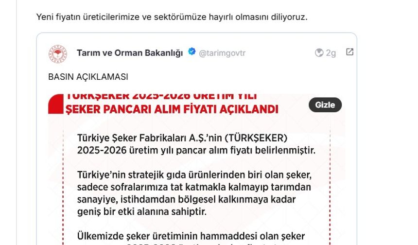 Şeker pancarı alım fiyatı 3 bin 100 TL olarak güncellendi