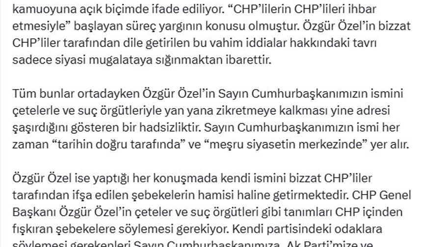 AK Parti'li Çelik: Özgür Özel'in partiyi temizlemesi esas işi olmalı