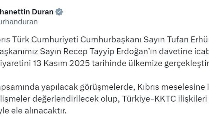KKTC Cumhurbaşkanı Erhürman, 13 Kasım'da Türkiye'yi ziyaret edecek