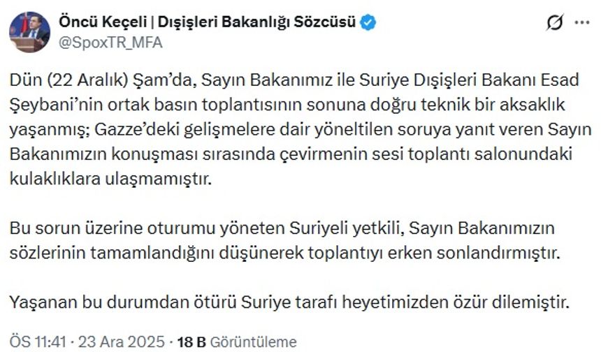 Dışişleri Sözcüsü Keçeli: Şam'daki toplantı teknik aksaklık nedeniyle erken sonlandırıldı