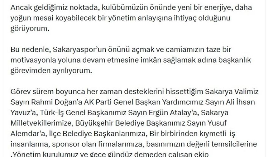 Sakaryaspor Başkanı Kıratlı istifa ettiğini açıkladı