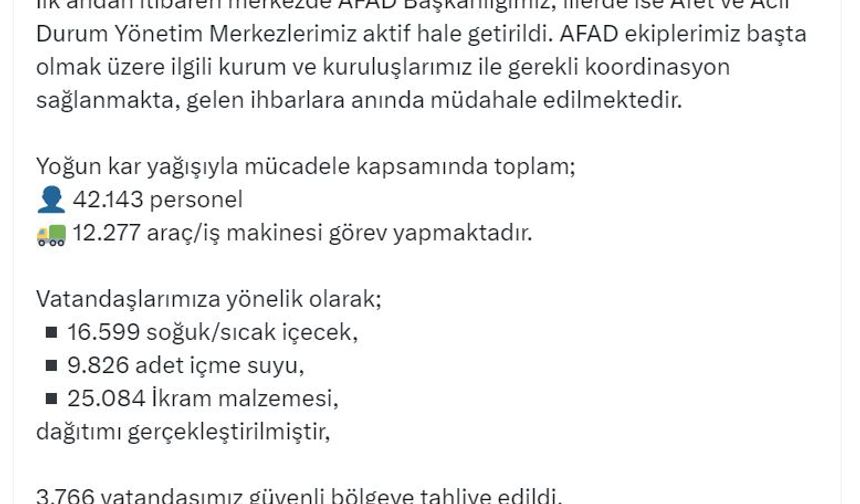 Bakan Yerlikaya: Yoğun kar nedeniyle 3 bin 766 kişi güvenli bölgeye tahliye edildi