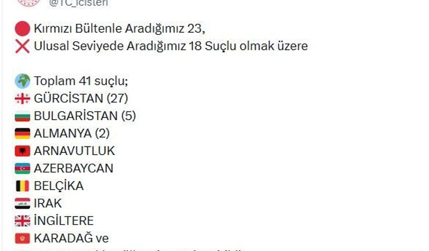 Kırmızı bülten ve ulusal seviyede aranan 41 suçlu Türkiye'ye getirildi