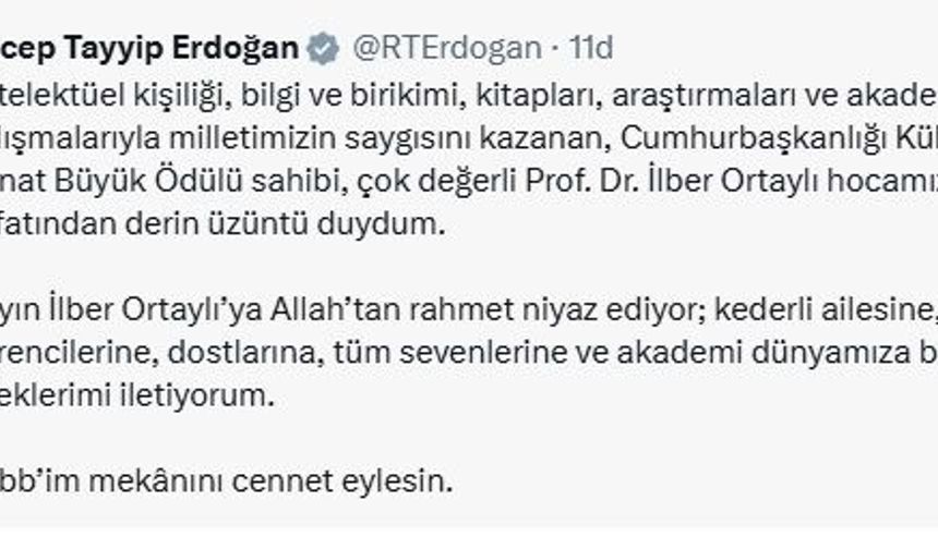 Cumhurbaşkanı Erdoğan'dan İlber Ortaylı için taziye mesajı