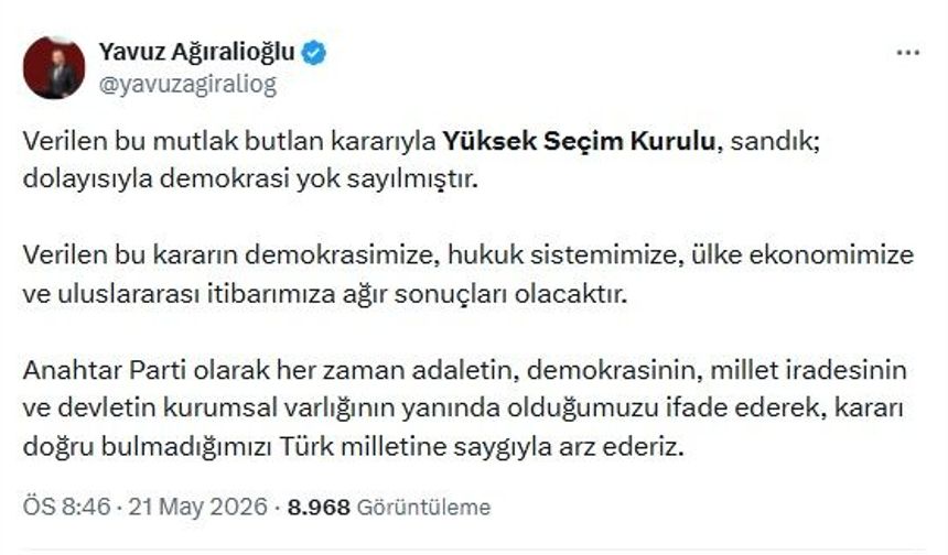 Ağıralioğlu: Demokrasi yok sayılmıştır